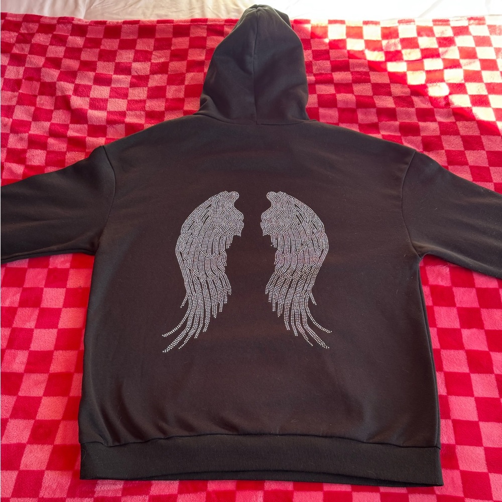 Black Hoodie with Bedazzled Silver Angel Wings